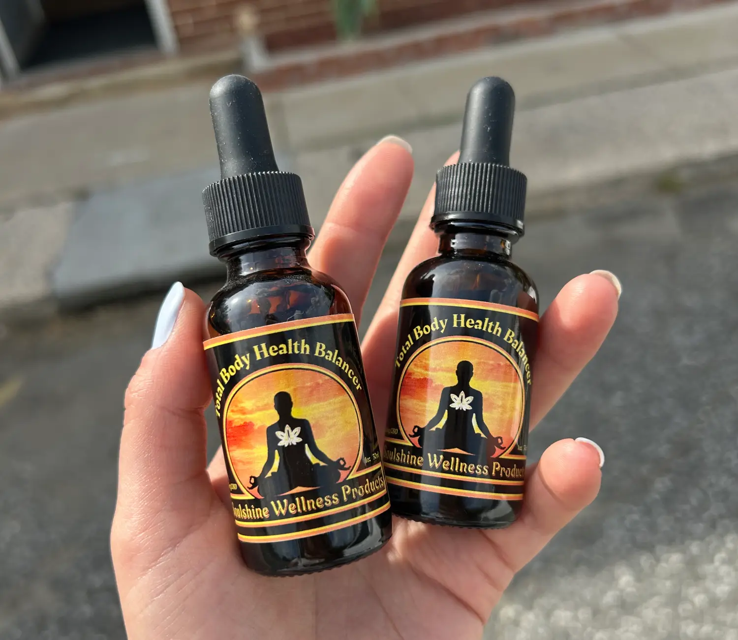 A hand holds two dark amber bottles labeled "Total Body Health Balancer" from "Sunshine Wellness Products" against a brick background.
